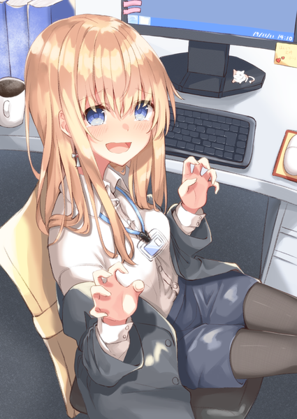 Anime picture 968x1367 with original hiiragi kifuyu single long hair tall image looking at viewer blush fringe open mouth blue eyes blonde hair smile hair between eyes sitting indoors long sleeves :d off shoulder tears claw pose