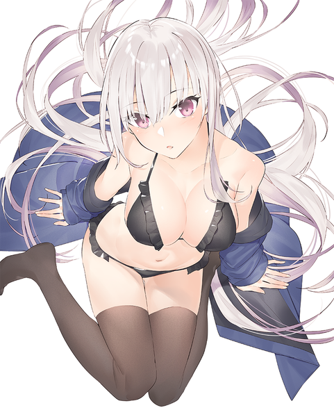Anime picture 912x1136 with original hayashi kewi single long hair tall image looking at viewer blush fringe breasts open mouth light erotic simple background hair between eyes white background purple eyes bare shoulders cleavage silver hair from above off shoulder