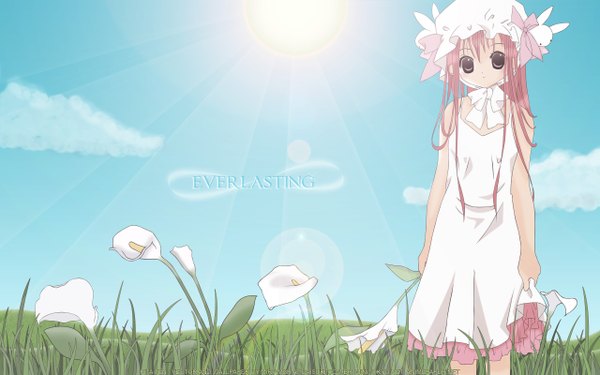 Anime picture 2560x1600 with pita ten misha (pita ten) single long hair looking at viewer fringe highres wide image standing bare shoulders holding brown eyes pink hair sky cloud (clouds) outdoors sunlight vector girl dress