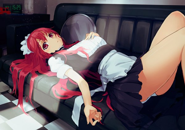 Anime picture 1000x708 with original risou (maeda risou) long hair red eyes red hair lying maid pantyshot girl headdress maid headdress couch tray