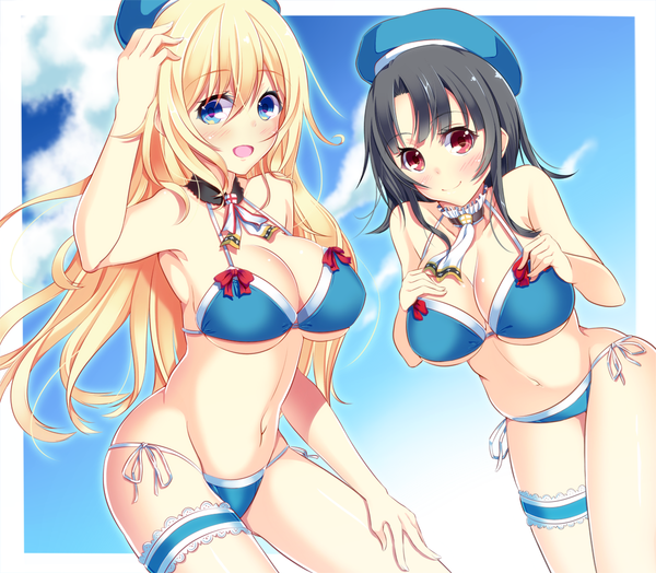 Anime picture 1143x1000 with kantai collection atago heavy cruiser takao heavy cruiser kazane kirito long hair breasts open mouth blue eyes light erotic black hair blonde hair smile red eyes large breasts bare shoulders multiple girls sky cleavage cloud (clouds) bare belly