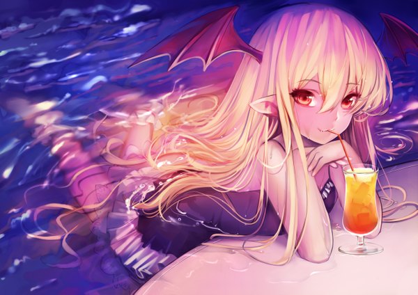 Anime picture 2625x1857 with shingeki no bahamut granblue fantasy vampy tahnya single long hair looking at viewer fringe highres blonde hair smile hair between eyes red eyes signed nail polish fingernails pointy ears wet fang (fangs) partially submerged