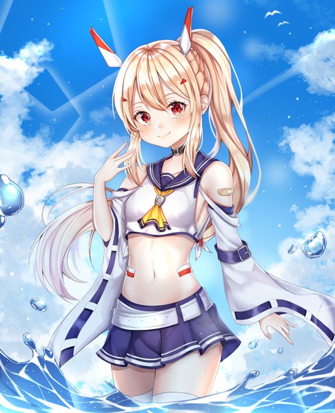 Anime picture 3000x3700 with azur lane ayanami (azur lane) ekina (1217) single long hair tall image looking at viewer blush fringe highres light erotic blonde hair hair between eyes red eyes standing payot sky cloud (clouds) outdoors ponytail