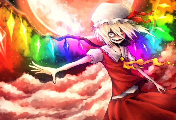 Anime picture 1600x1100 with touhou flandre scarlet h2c single looking at viewer short hair blonde hair smile red eyes teeth fang (fangs) outstretched arm crazy smile crazy crazy eyes girl skirt wings moon bonnet
