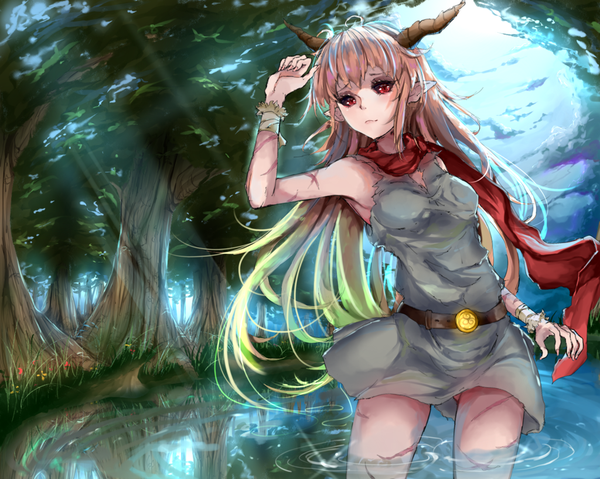 Anime picture 1024x819 with original blizzomos single long hair looking at viewer fringe light erotic blonde hair red eyes standing payot blue hair pink hair cloud (clouds) nail polish multicolored hair arm up horn (horns) fingernails green hair