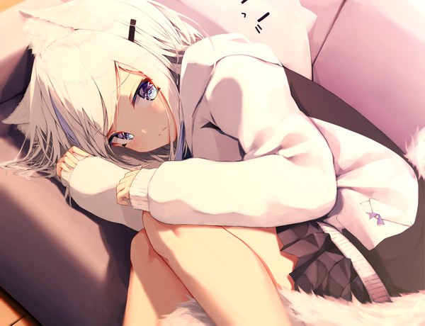 Anime picture 3122x2394 with original mayogii single looking at viewer blush fringe highres short hair blue eyes animal ears absurdres bent knee (knees) white hair tail lying long sleeves animal tail pleated skirt from above dutch angle
