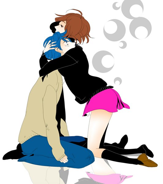 イラスト 1000x1128 と ボーカロイド kaito (vocaloid) meiko tagme (artist) 長身像 短い髪 青い目 simple background 茶色の髪 白背景 茶目 青い髪 couple 女の子 男性 スカート ソックス 黒いソックス セッター