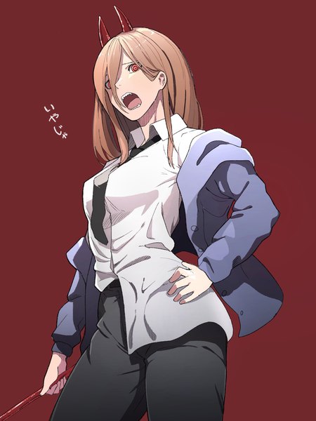 Anime picture 2048x2732 with chainsaw man mappa power (chainsaw man) hanten (hantennano) single long hair tall image fringe highres open mouth simple background hair between eyes red eyes brown hair standing horn (horns) inscription from below hand on hip red background