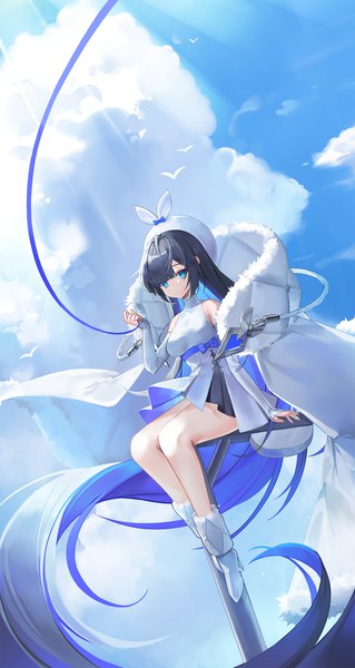 Anime picture 1500x2825 with original laevan single tall image looking at viewer fringe blue eyes black hair sitting bare shoulders sky cloud (clouds) full body bent knee (knees) blunt bangs long sleeves very long hair multicolored hair arm support sleeves past wrists