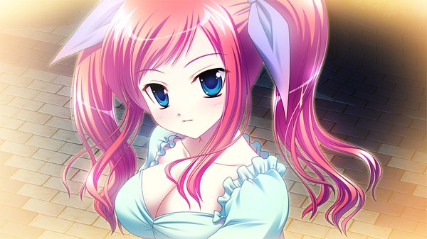 Anime picture 1600x900 with little rabbits - wagamama twin tail long hair breasts blue eyes light erotic wide image twintails pink hair game cg girl