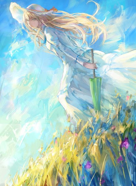 Anime picture 1912x2615 with original toritoritottori single long hair tall image highres blonde hair standing holding yellow eyes sky cloud (clouds) long sleeves looking back wind sunlight from below closed umbrella girl dress