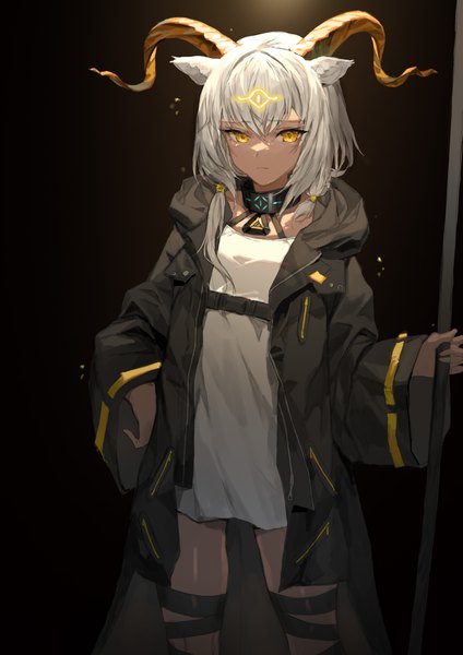 Anime picture 2480x3507 with arknights beeswax (arknights) molyb single long hair tall image fringe highres simple background hair between eyes standing animal ears yellow eyes looking away silver hair horn (horns) hand on hip dark skin black background girl
