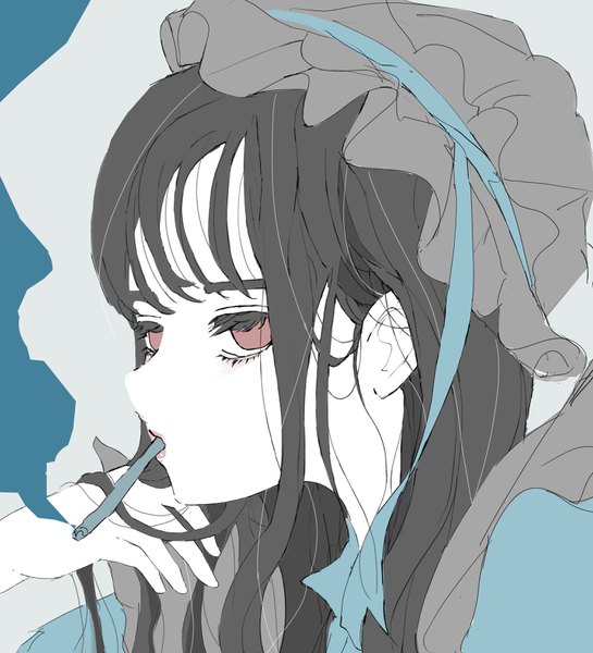 Anime picture 3000x3300 with original no copyright girl single long hair tall image fringe highres black hair red eyes looking away portrait smoke smoking girl hat bonnet cigarette