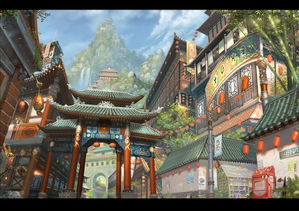 Anime picture 2800x1979 with original chaoyuanxu highres city cityscape no people architecture east asian architecture gate building (buildings) lantern chinese lantern