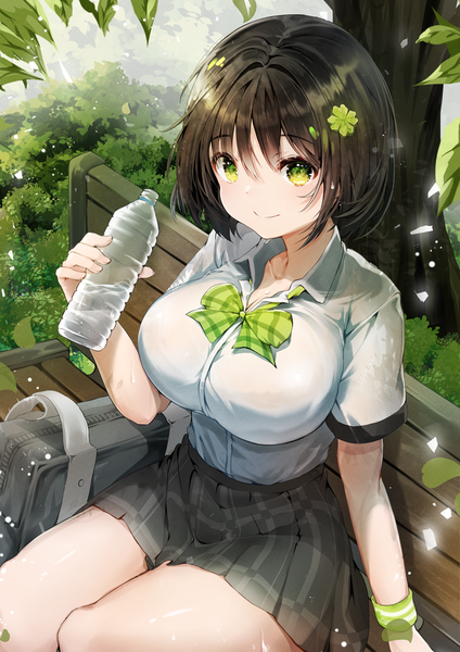Anime picture 904x1280 with original hiromaster sinta jh single tall image looking at viewer fringe short hair breasts black hair smile hair between eyes large breasts sitting holding green eyes cleavage outdoors from above arm support short sleeves
