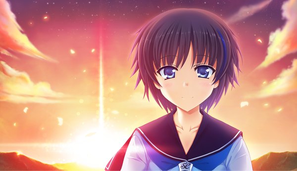 Anime picture 2660x1538 with atled everlasting song looking at viewer highres short hair blue eyes black hair smile wide image game cg evening sunset girl serafuku