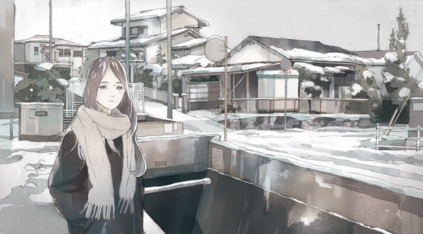 Anime picture 951x527 with original wamizu single long hair looking at viewer brown hair wide image outdoors monochrome winter snow hands in pockets girl scarf building (buildings) house road traffic sign