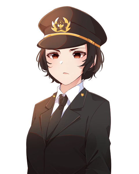Anime picture 4000x5000 with real life dmitrij yazov weiicart single tall image looking at viewer highres short hair black hair brown eyes absurdres upper body transparent background genderswap alternate age outline younger girl uniform shirt