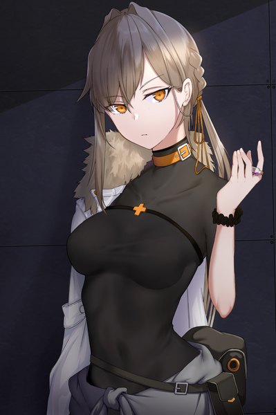 Anime picture 940x1412 with original xiujia yihuizi single long hair tall image looking at viewer fringe breasts light erotic hair between eyes brown hair standing holding upper body braid (braids) head tilt arm up off shoulder orange eyes fur trim