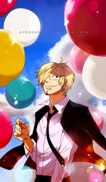 Anime picture 700x1200 with one piece toei animation sanji hy single tall image short hair blonde hair smile sky cloud (clouds) wind text happy looking up eyebrows open collar english boy shirt