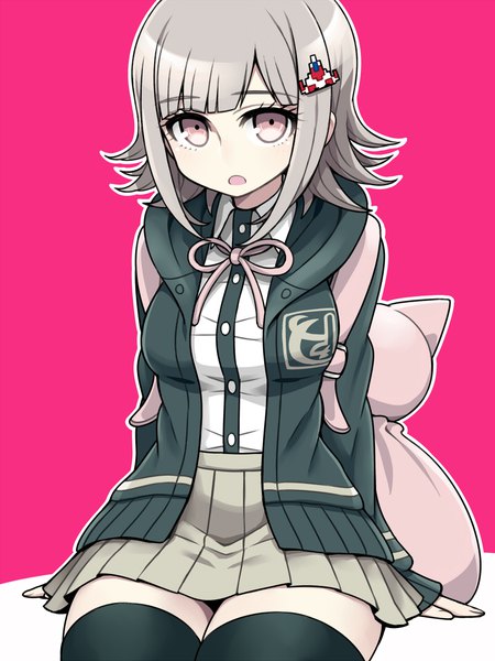 Anime picture 800x1066 with dangan ronpa super dangan ronpa 2 nanami chiaki chan co single tall image looking at viewer short hair open mouth simple background sitting pleated skirt pink eyes grey hair zettai ryouiki pink background girl thighhighs skirt black thighhighs