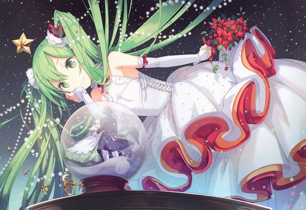 Anime picture 4905x3375 with vocaloid hatsune miku kaito (vocaloid) h2so4 fringe highres smile twintails bare shoulders green eyes absurdres very long hair green hair scan leaning hand on cheek girl dress boy hair ornament