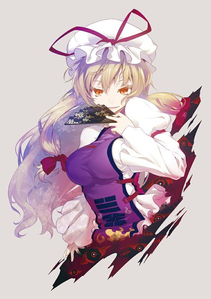 Anime picture 750x1061 with touhou yakumo yukari nilitsu single long hair tall image looking at viewer blonde hair simple background grey background orange eyes gap girl dress bow hair bow bonnet fan