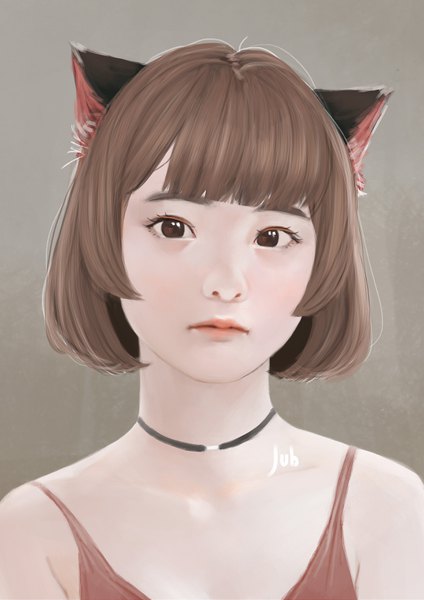 Anime picture 2480x3508 with original hana (jubi) jubi (regiana) single tall image looking at viewer fringe highres short hair simple background brown hair bare shoulders brown eyes signed animal ears blunt bangs cat ears realistic portrait expressionless