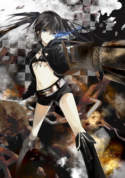 Anime picture 2480x3507 with black rock shooter black rock shooter (character) nagata ozu single long hair tall image highres blue eyes black hair twintails glowing scar glowing eye (eyes) checkered girl shorts chain bikini top huge weapon