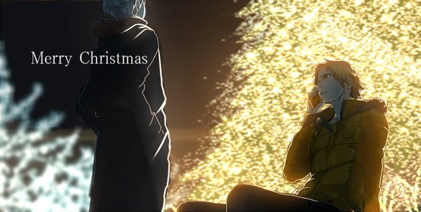 Anime picture 1500x757 with persona 4 persona seta souji hanamura yousuke koredemoka short hair blonde hair wide image from behind night christmas hands in pockets boy choker jacket scarf coat phone winter clothes christmas tree