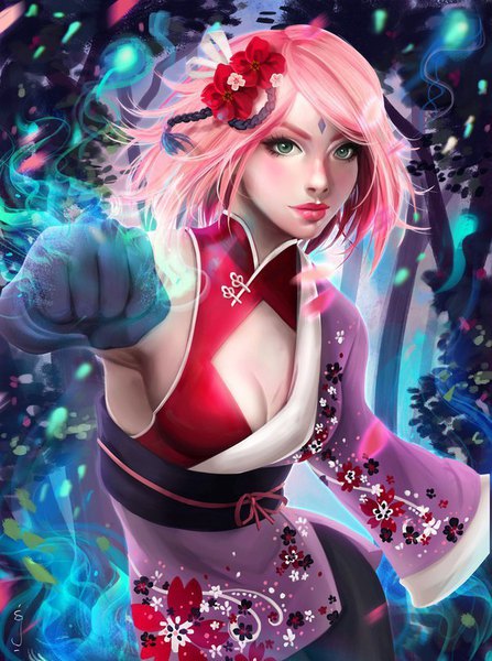 Anime picture 602x807 with naruto studio pierrot naruto (series) haruno sakura suarezguillen-art (sughen) single tall image looking at viewer short hair light erotic green eyes signed pink hair cleavage traditional clothes japanese clothes realistic armpit (armpits) lipstick magic