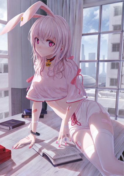Anime picture 2894x4093 with tsumi no hahen (debris) lirin (bae.c) bae.c single long hair tall image looking at viewer blush fringe highres hair between eyes sitting animal ears pink hair indoors nail polish pink eyes fingernails arm support midriff