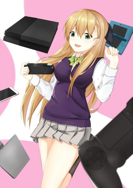 Anime picture 1300x1838 with gamers! nintendo sony pine jam tendou karen eternity (shadeh) single long hair tall image fringe open mouth simple background blonde hair smile hair between eyes standing holding green eyes looking away :d