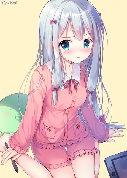 Anime picture 850x1190 with eromanga sensei a-1 pictures izumi sagiri sousouman single long hair tall image looking at viewer blush fringe open mouth blue eyes simple background sitting silver hair long sleeves barefoot from above arm support bare legs