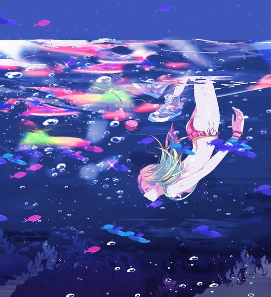 Anime picture 1997x2183 with original hoshima single long hair tall image highres light erotic looking away profile multicolored hair gradient hair underwater lacing girl animal shoes side-tie bikini bubble (bubbles) fish (fishes) sneakers