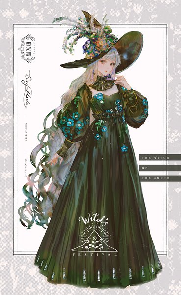 Anime picture 842x1369 with original say hana single tall image looking at viewer brown eyes signed full body very long hair nail polish grey hair text floral print wavy hair english witch girl dress flower (flowers) hat