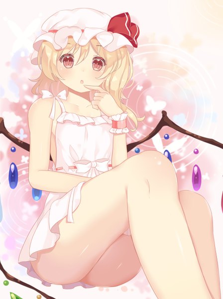 Anime picture 2031x2716 with touhou flandre scarlet binan xian lu single tall image looking at viewer fringe highres short hair breasts open mouth light erotic blonde hair red eyes sitting bare shoulders bare legs :o sleeveless one side up