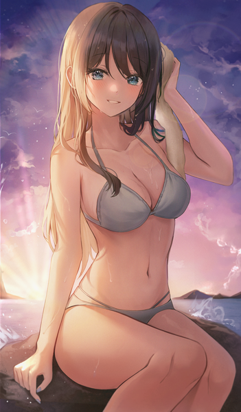 Anime-Bild 1500x2564 mit original ochya single long hair tall image looking at viewer blush fringe breasts blue eyes light erotic brown hair large breasts sitting sky cloud (clouds) bent knee (knees) nail polish parted lips arm up