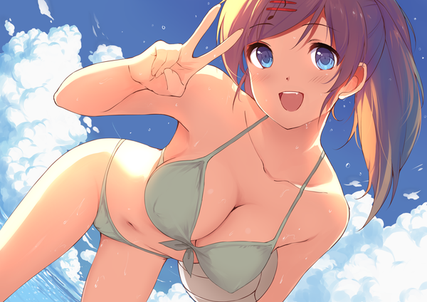 Anime picture 4960x3507 with diversity promotions yuzuru (diversity) caidychen single long hair looking at viewer blush fringe highres breasts open mouth blue eyes light erotic smile brown hair large breasts holding payot absurdres sky