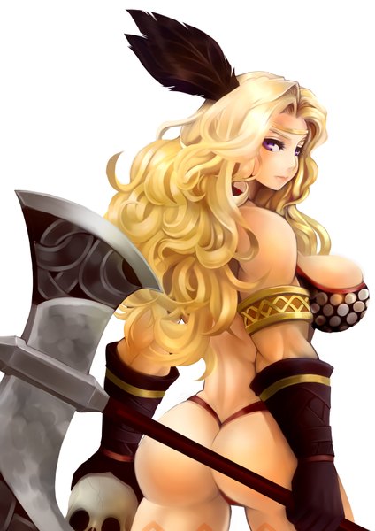 Anime picture 2480x3508 with dragon's crown vanillaware amazon (dragon's crown) shin psalm single long hair tall image looking at viewer highres breasts light erotic blonde hair large breasts standing purple eyes ass back turning head wavy hair muscle