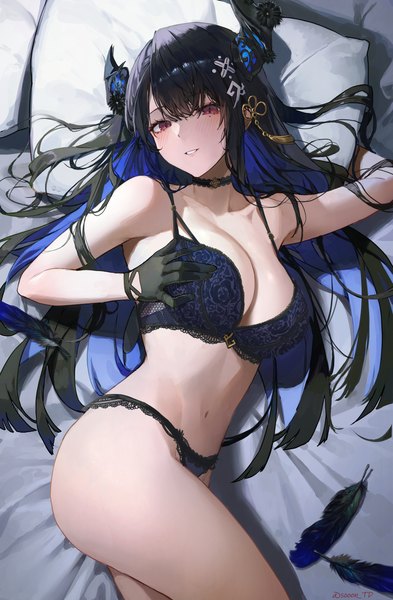 Anime picture 2928x4465 with virtual youtuber hololive hololive english nerissa ravencroft sooon single long hair tall image looking at viewer blush fringe highres breasts light erotic black hair hair between eyes red eyes large breasts lying parted lips