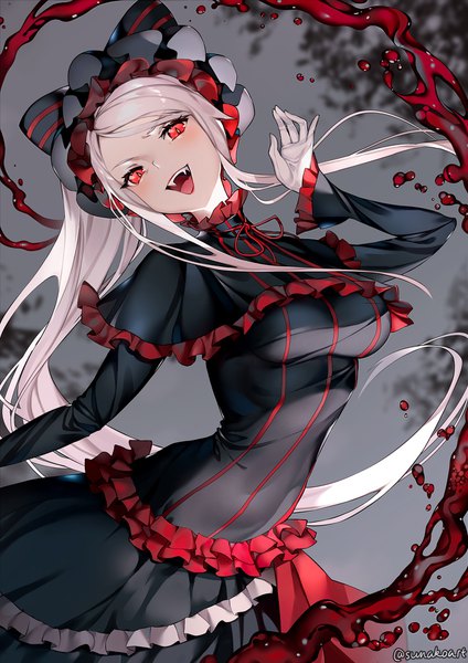 Anime picture 1280x1810 with overlord (maruyama) madhouse shalltear bloodfallen sunako (veera) single tall image looking at viewer blush fringe open mouth simple background smile red eyes standing signed payot silver hair long sleeves very long hair :d