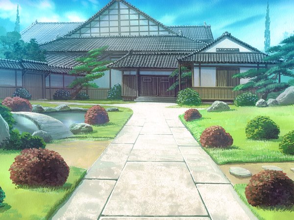 Anime picture 1024x768 with ma furu yoru no rin game cg cloud (clouds) no people plant (plants) tree (trees) grass house road