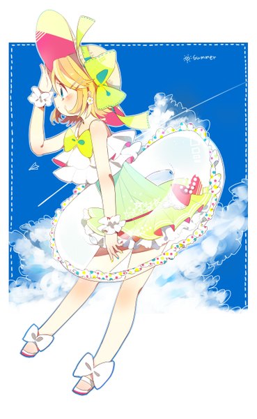Anime picture 800x1300 with vocaloid kagamine rin niwa (ejizon) single tall image blush short hair blue eyes blonde hair bare shoulders looking away sky cloud (clouds) full body profile summer adjusting hat wrist scrunchie condensation trail girl
