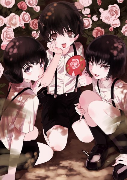 Anime picture 1158x1637 with maruino (artist) long hair tall image looking at viewer blush fringe short hair open mouth smile brown hair purple eyes multiple girls brown eyes sunlight short sleeves lipstick kneeling red lipstick girl flower (flowers)