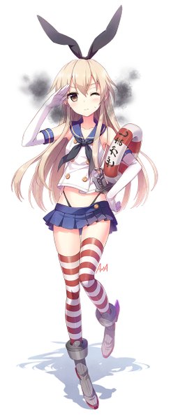 Anime picture 500x1220 with kantai collection shimakaze destroyer an2a single long hair tall image blush light erotic simple background blonde hair white background brown eyes one eye closed shadow hand on hip girl thighhighs skirt gloves underwear