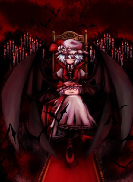 Anime picture 1900x2586 with touhou remilia scarlet emerane tall image highres short hair red eyes multiple girls white hair dual persona girl dress hat wings headdress chair bat