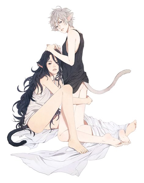 Anime picture 943x1200 with original sumishuu long hair tall image looking at viewer short hair open mouth light erotic black hair simple background blonde hair white background sitting multiple girls animal ears ass tail animal tail black eyes cat ears