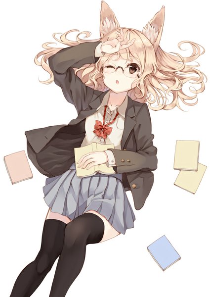 Anime picture 637x900 with original paseri long hair tall image blush fringe open mouth blonde hair white background holding brown eyes animal ears bent knee (knees) lying pleated skirt one eye closed wink open clothes open jacket on back