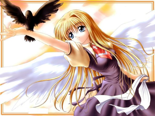 Anime picture 1024x768 with air key (studio) kamio misuzu sora r (artist) angel visualart girl animal wings bird (birds)